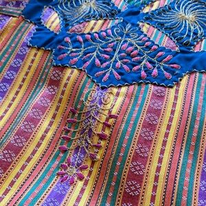 See measurements. ?size.Vibrant Striped Long Sleeve Dress/Kaftan with Embroidery